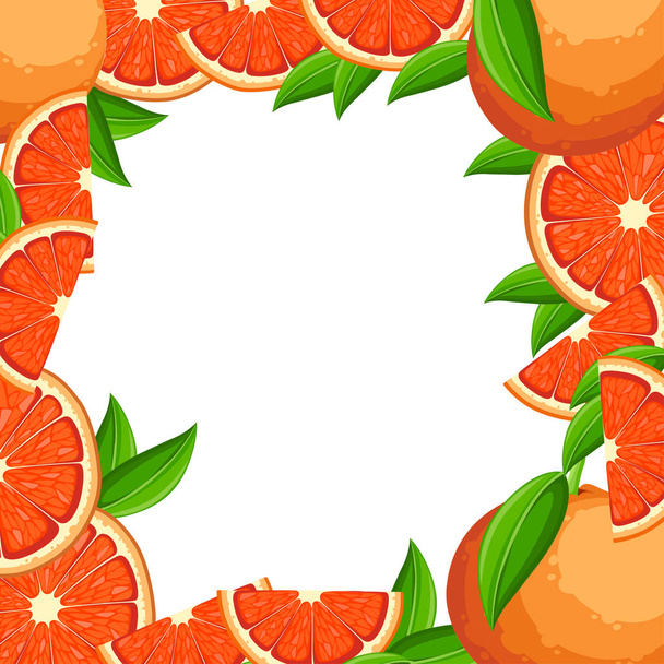 Greeting card, brochure design. Grapefruit with green leaves and slices of grapefruit. Vector illustration in flat style. Decorative poster, emblem natural product, farmers market. White background. - Vector, Image