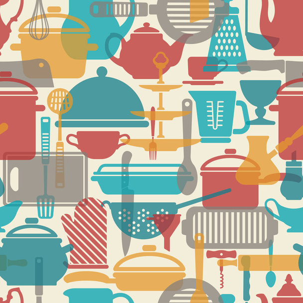 Seamless vector pattern with crockery. Kitchen background. Cooking utensils and kitchen tools - Wektor, obraz