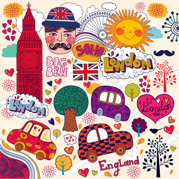 Vector set of London symbols and hand lettering of main place in town - Вектор,изображение