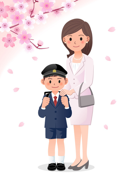 母と息子の桜背景 - ベクター画像