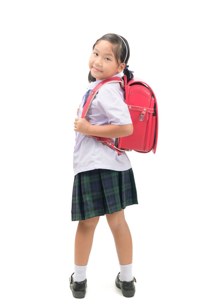 cute asian student z tornister na białym tle na białym tle, powrót do koncepcji szkoły - Zdjęcie, obraz