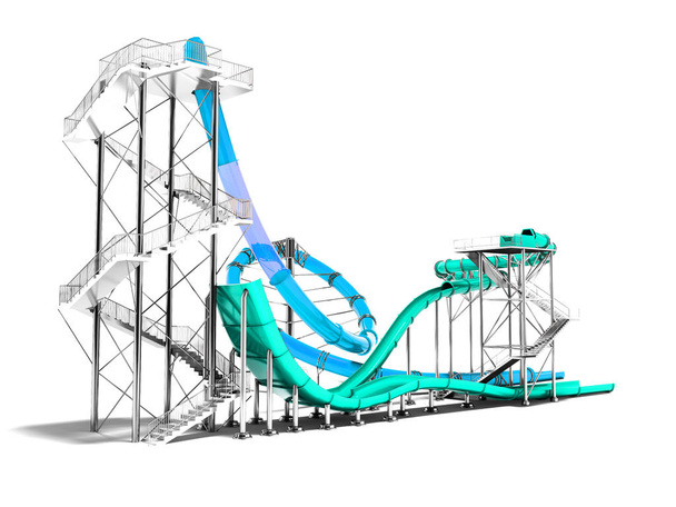 青い大きなスライドと影で白い背景に夏 3 d レンダリングの水公園とビーチ娯楽小さなターコイズ ブルー スライド - 写真・画像