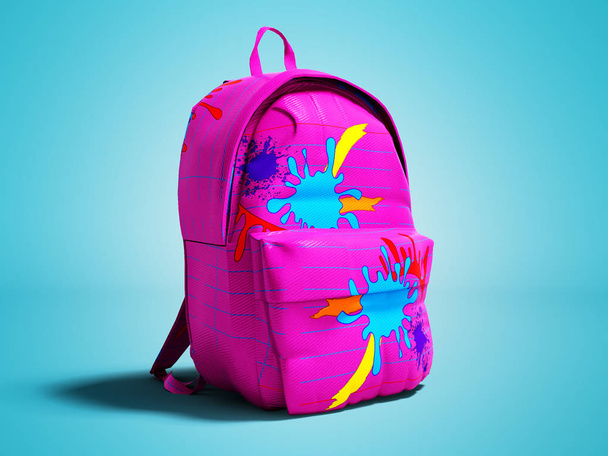 rosa Schultasche Rucksack 3D-Rendering auf blauem Hintergrund mit Schatten - Foto, Bild