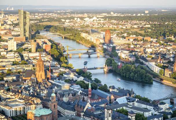 Aerial of the financial district in Frankfurt, Germany - Europe - 写真・画像
