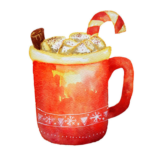 Aquarelle tasse de Noël de café avec guimauves et cannelle isolé sur un fond blanc
. - Photo, image