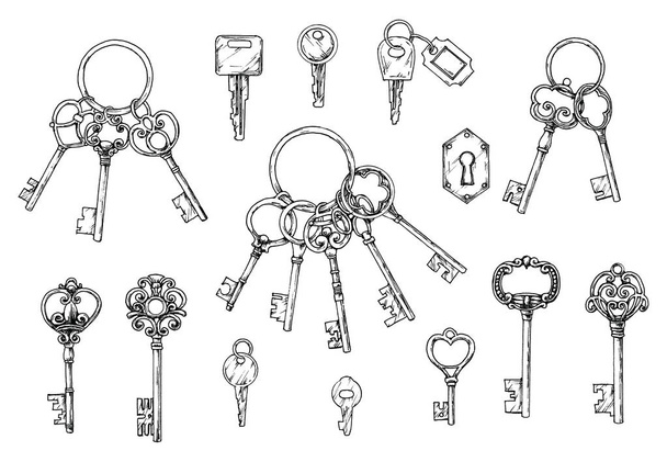 Conjunto vetorial de chaves antigas desenhadas à mão. Ilustração em estilo esboço sobre fundo branco. Design antigo
 - Vetor, Imagem