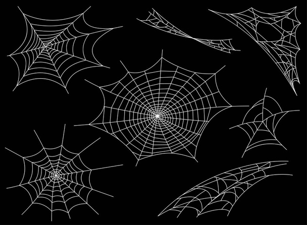 Sbírka pavučina, izolované na černé, průhledné pozadí. Pavoučí pro Halloween design. Spider web prvky, strašidelné, děsivé, horor halloween výzdobou. Ručně tažené silueta, vektorové ilustrace - Vektor, obrázek