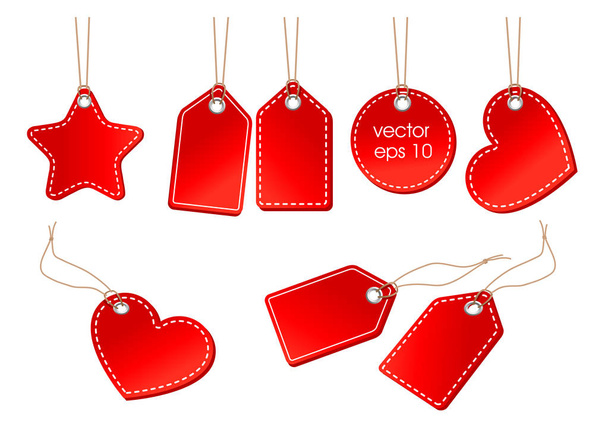 vector set of bright red price tags on a cord - Vector, Image
