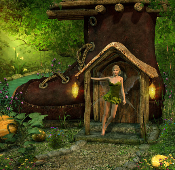 Zauberfee steht in der Tür ihres Stiefelhauses - Foto, Bild