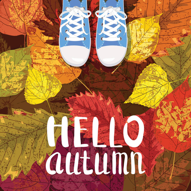 Hallo herfst, belettering, sneakers, schoenen aan Herfstbladeren, Herfstbladeren, val sfeer, romantiek, vector, illustratie, card, geïsoleerd - Vector, afbeelding