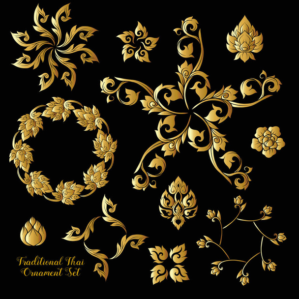 Set of gold decorative elements of traditional Thai ornament.  - Vector, Image