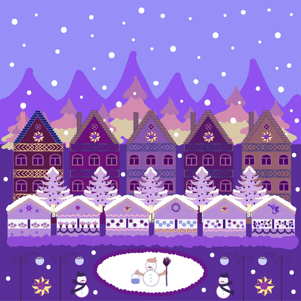 Maisons d'hiver pour les tissus de Noël et de Noël papier d'emballage et décor sur des couleurs violettes, violettes et neutres. Illustration vectorielle
. - Vecteur, image