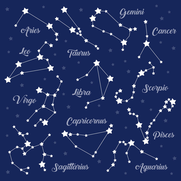 12 zodiac signs constellations vector set on dark - Vector, Image