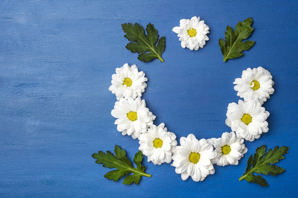 Round frame of flowers on a blue background. Magnificent white Chrysanthemums with copy space  - Valokuva, kuva