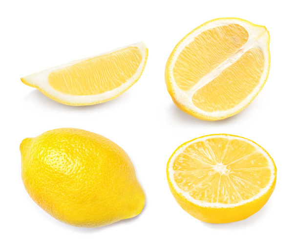 白い背景の上に新鮮なレモンで設定します。 - 写真・画像