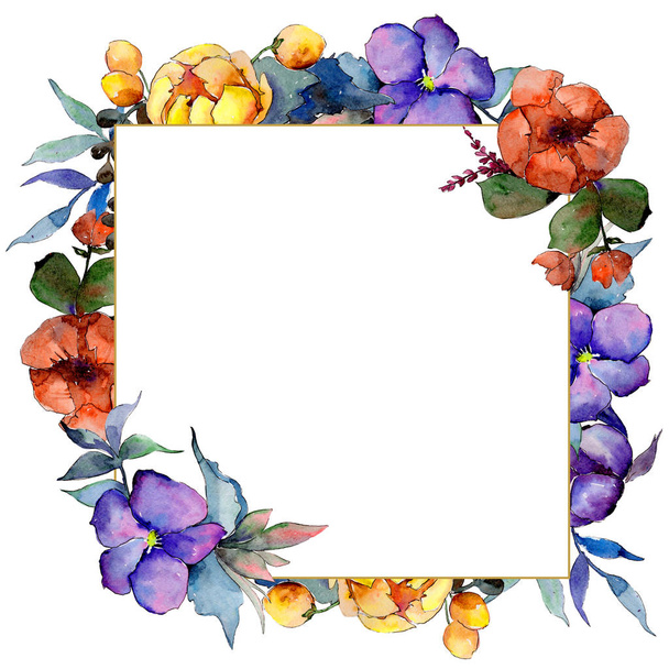 Watercolor colorful bouquet  flower. Floral botanical flower. Frame border ornament square.. Aquarelle wildflower for background, texture, wrapper pattern, frame or border. - Foto, Bild
