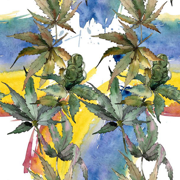 Akvarell zöld cannabis levelek. Leveles növény botanikus kert virágos lombozat. Varratmentes háttérben minta. Szövet nyomtatási textúrát. A háttér, a textúra, a burkoló minta Aquarelle-levél. - Fotó, kép