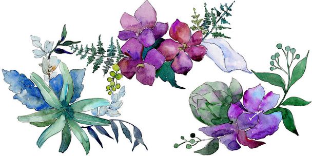 Aquarell blaue und violette Blüten. Blütenbotanische Blume. isoliertes Illustrationselement. Aquarell-Wildblume für Hintergrund, Textur, Wickelmuster, Rahmen oder Rand. - Foto, Bild