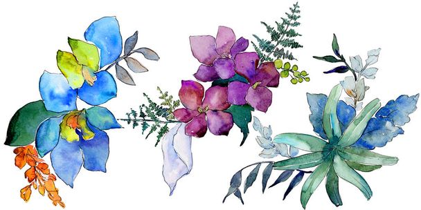 Akvarell kék és lila virágok. Virágos botanikai virág. Elszigetelt ábra elemet. A háttér textúra, burkoló minta, keret vagy határ Aquarelle vadvirág. - Fotó, kép