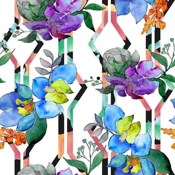 青と紫の花の水彩画。花植物の花。孤立した図の要素。背景、テクスチャ、ラッパー パターン、フレームや境界線の aquarelle ワイルドフラワー. - 写真・画像