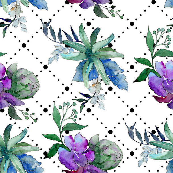Watercolor blue and purple flowers. Floral botanical flower. Isolated illustration element. Aquarelle wildflower for background, texture, wrapper pattern, frame or border. - Photo, Image