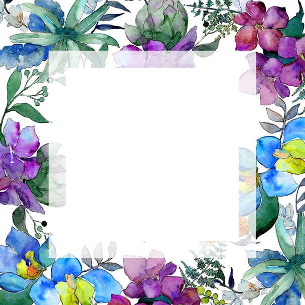 Aquarel blauwe en paarse bloemen. Floral botanische bloem. Geïsoleerde illustratie element. Aquarelle wildflower voor achtergrond, textuur, wrapper patroon, frame of rand. - Foto, afbeelding