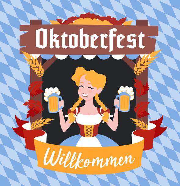 Oktoberfest banner vicces rajzfilm karaktert a koszorút - Vektor, kép