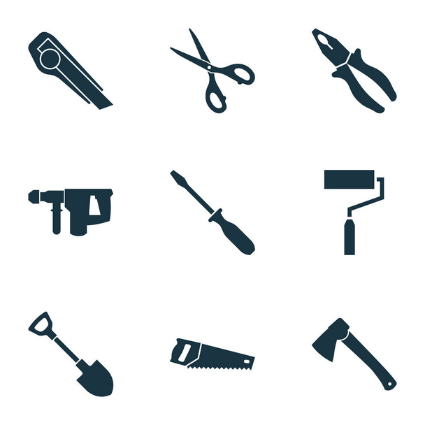 Nástroje ikony nastavit pomocí sekery, pily, kleště a další prvky nůžky. Izolované vektorové ilustrace nástroje ikony. - Vektor, obrázek