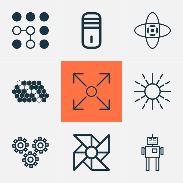 Machine icons set with cogwheels, brightness regulation, computer cooler and other laptop ventilator elements. Isolated vector illustration machine icons. - Vector, Image