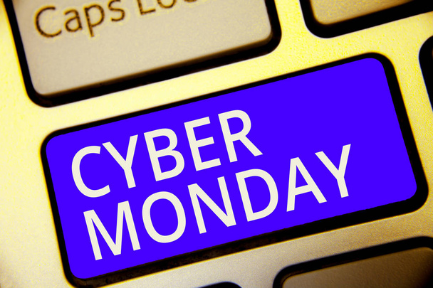 Conceptual hand writing showing Cyber Monday. Business photo showcasing Marketing term for Monday after thanksgiving holiday in the US Keyboard blue key Intention computer reflection document - Photo, Image