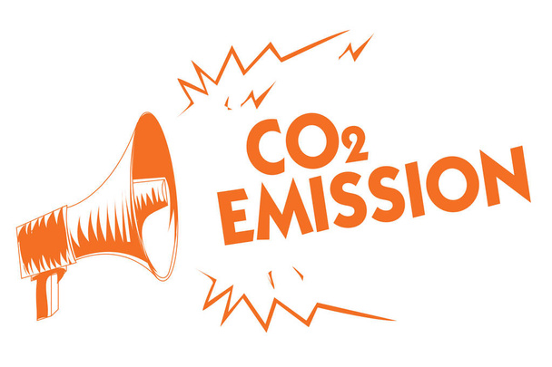 Co2 排出量を示すテキスト記号。概念的な写真オレンジ メガホン スピーカーの重要な時間の経過とともに大気中に温室効果ガスの放出は、悲鳴を大声で話すメッセージします。 - 写真・画像