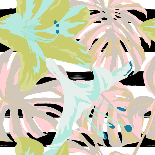 Tropical Print. Jungle Seamless Pattern. Vector Tropic Summer Motif with Hawaiian Flowers.  - Vetor, Imagem
