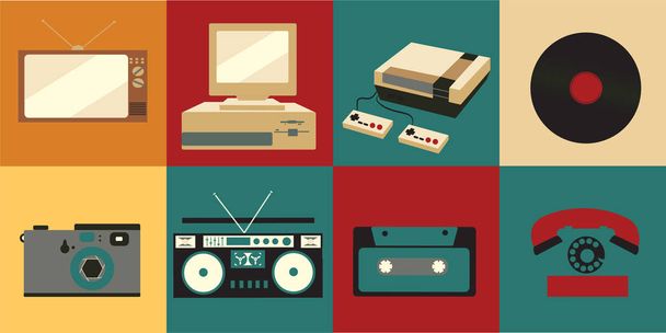 A set of icons of old vintage retro electronics, a kinescope TV, a cassette tape recorder, a vinyl record, a computer, a game console, a telephone, a photoapat from the 70s, 80s, and 90s - Vettoriali, immagini