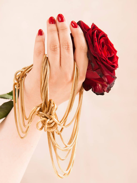 Hand mit schön gepflegten Nägeln mit Goldkette und roter Rose - Foto, Bild