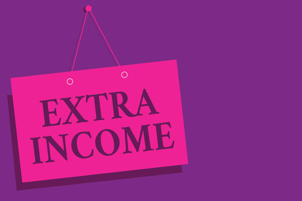 Conceptual hand writing showing Extra Income. Business photo text Additional fund received or earned from a non regular basis Pink wall message communication open close sign purple background - Photo, Image