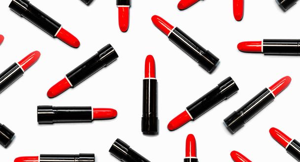 Set of red lipsticks isolated on white color background. Colorful Tones, Lipstick tints palette, Makeup and Beauty. Beautiful Make-up concept. lipgloss. - Φωτογραφία, εικόνα