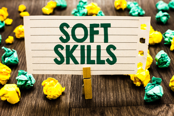 Text sign showing Soft Skills. Conceptual photo personal attribute enable interact effectively with other people Clothespin holding notebook paper crumpled papers several tries mistakes - Photo, Image