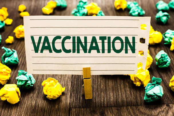 Text sign showing Vaccination. Conceptual photo Treatment which makes the body stronger against infection Clothespin holding notebook paper crumpled papers several tries mistakes - Photo, Image