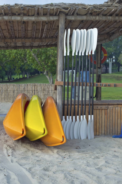 Πλαστικά προϊόντα μαζικής καγιάκ από διάφορα χρώματα εκμισθώνονται στην αμμώδη παραλία. Ζεστό πρωί πυροβολισμό τοποθεσία Ντουμπάι - Φωτογραφία, εικόνα
