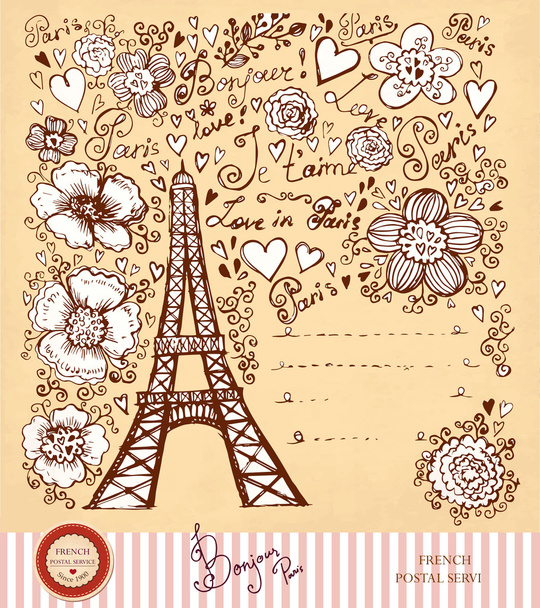 Vector hand drawn illustration with Eiffel tower - Vector, Image