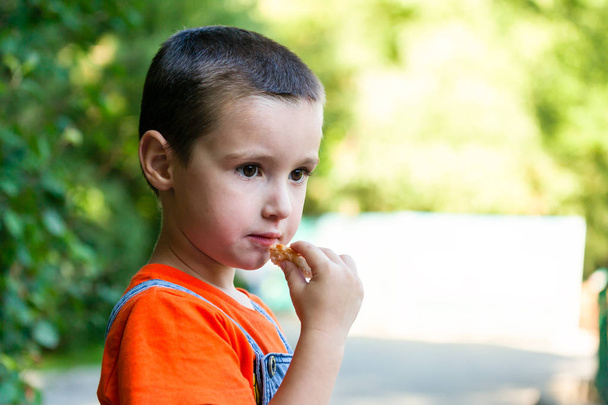 Un niño lindo que come un pedazo de pan y mira hacia otro lado en un parque verde de la ciudad en un día cálido de verano
 - Foto, imagen