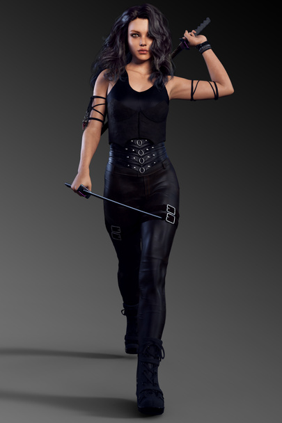 Αστική φαντασία ή Sci Fi γυναίκα σε μαύρο δέρμα σε δράση πόζα με σπαθιά - Φωτογραφία, εικόνα