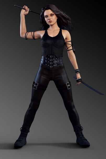 Stedelijke Fantasy of Sci Fi vrouw in zwart leer in actie Pose met zwaarden - Foto, afbeelding