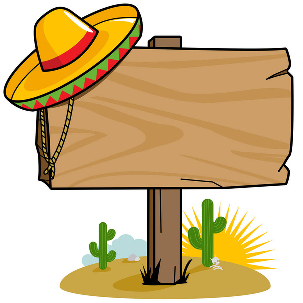 Vector Illustration of a wooden signpost in the Mexican desert with cactus and a sombrero. - Vektor, kép