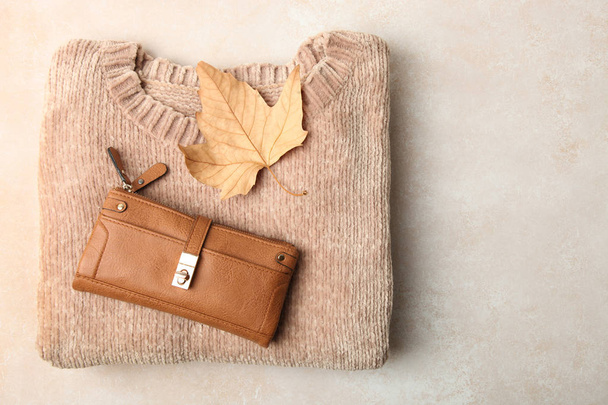 Vrouwelijke warme trui en portemonnee op neutrale achtergrond. Concept herfst kleding. - Foto, afbeelding