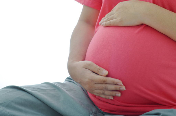 schwangere Frau mit süßem Baby im Inneren und warmem Händedruck, der den Müttern Liebe und Fürsorge mit weißem Hintergrund zeigt - Foto, Bild