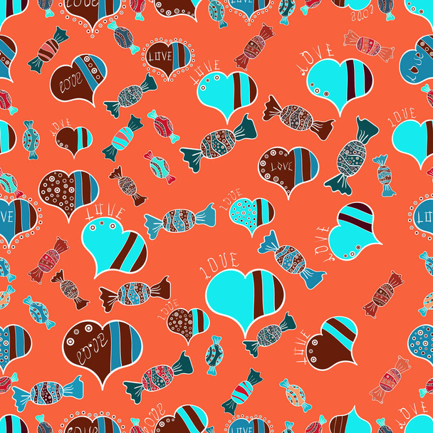 Heldere naadloze vector confetti partij patroon. Kleurrijke suiker strooi, snoep of bakkerij ontwerp op een rode, oranje en blauwe achtergrond. - Vector, afbeelding