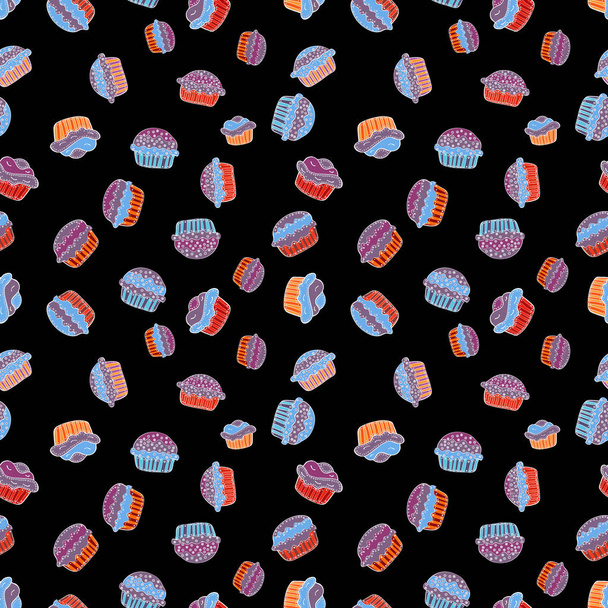 Sweets background design. Seamless pattern with sweet Cupcakes pattern. Vector illustration. Nice birthday background on black, purple and blue. - Vector, Image