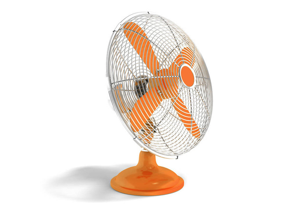 Moderno ventilador de metal naranja para enfriamiento vista frontal de oficina 3D renderizado sobre fondo blanco con sombra
 - Foto, Imagen