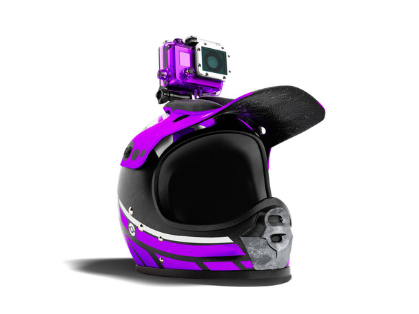 Moderne paarse Motorhelm met paarse actie camera 3d render op witte achtergrond met schaduw - Foto, afbeelding